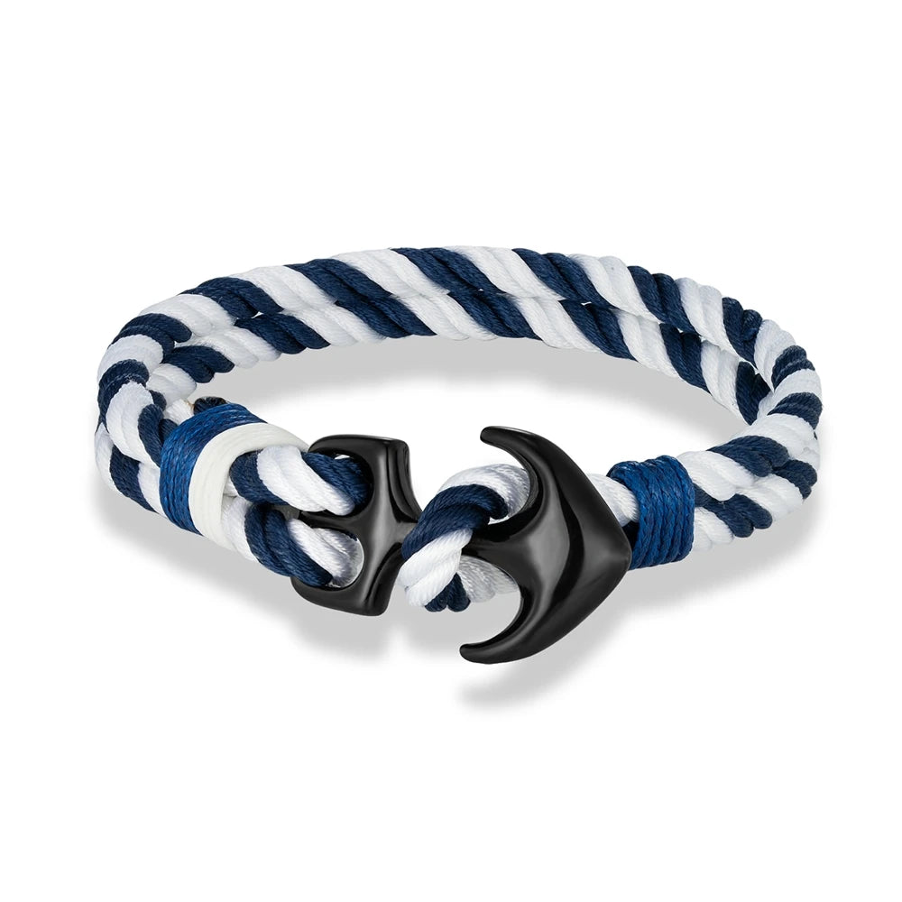 Bracelet marine Bleu et Blanc avec ancre noir pour homme