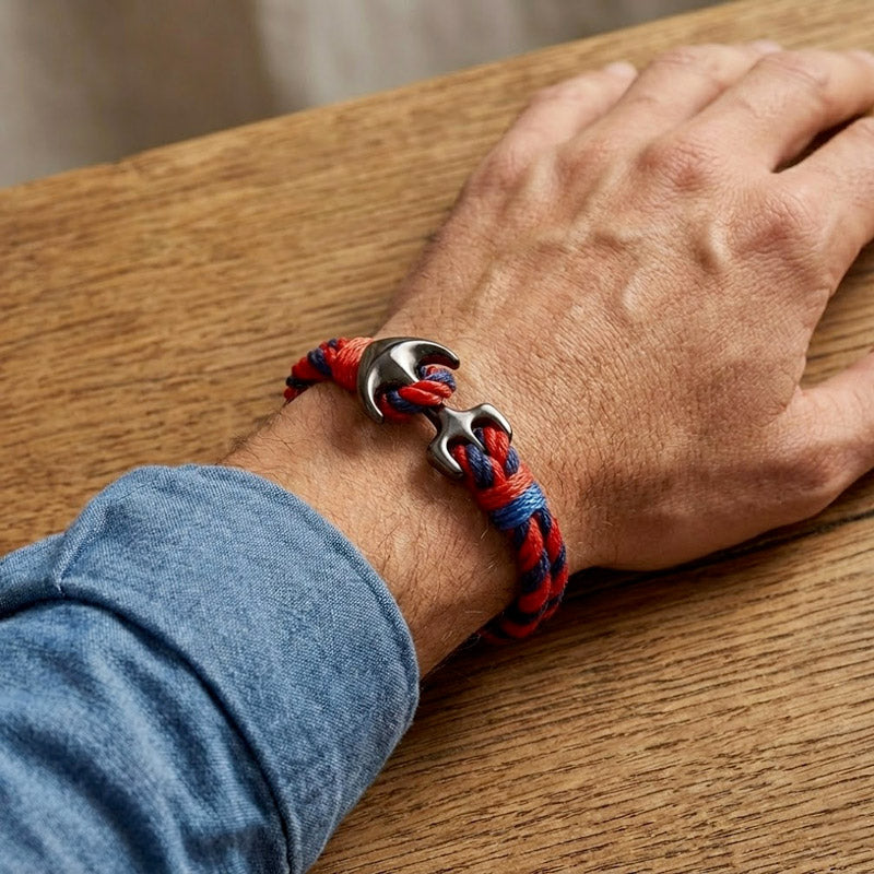 Bracelet cordon rouge et bleu avec ancre noir pour homme