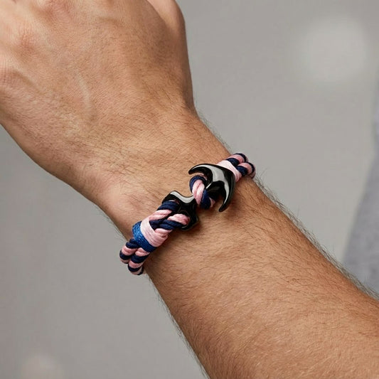 Bracelet corde Rose et bleu avec ancre noir