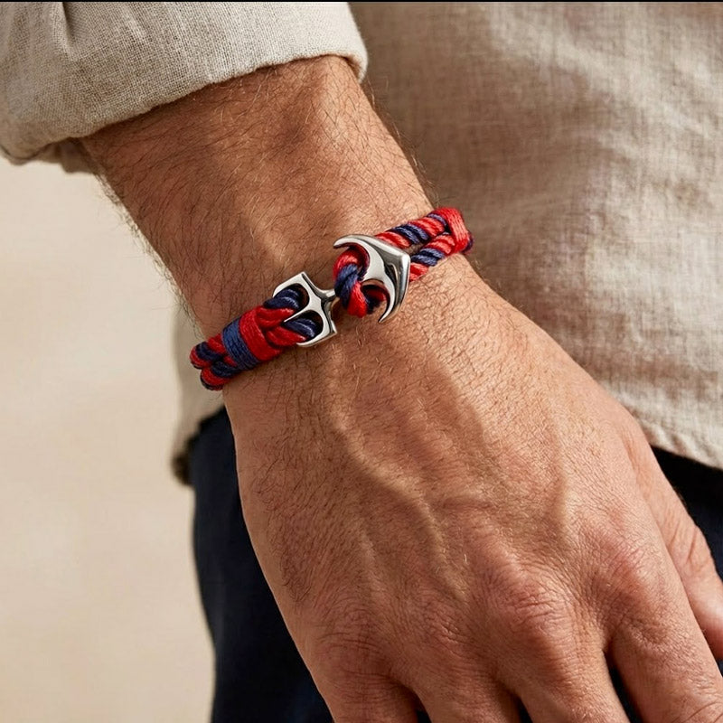 Bracelet corde rouge et bleu avec Fermoir Ancre argenté pour homme