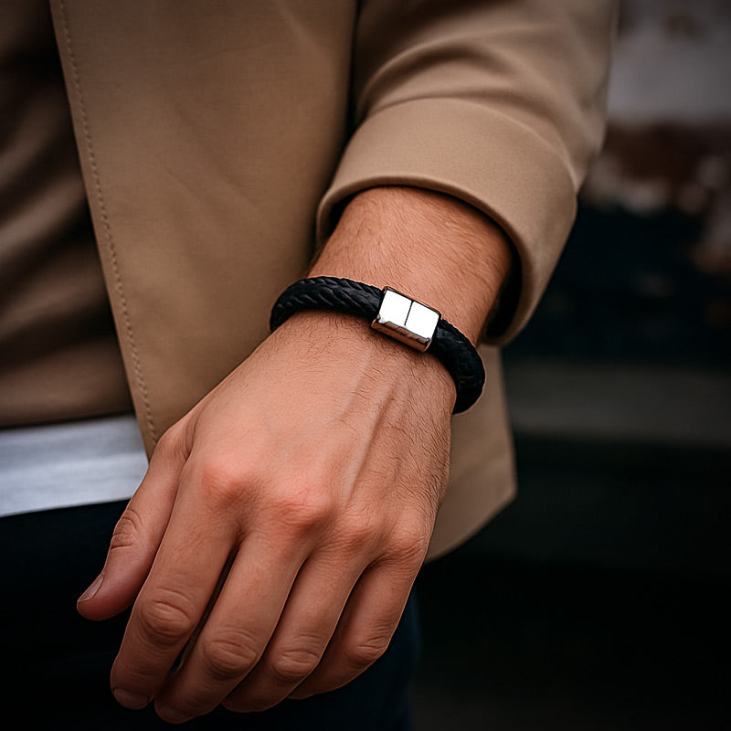 bracelet en cuir noir avec fermoir magnétique