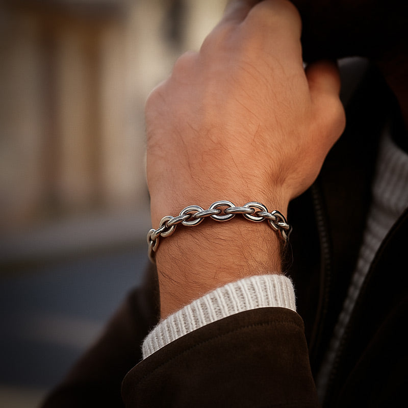 bracelet homme style chaine avec maillons argentés