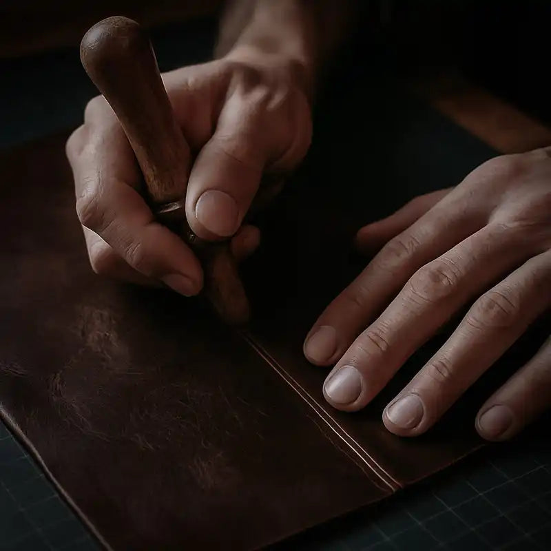 Les mains d’un artisan façonnent soigneusement des lignes sur une pièce de cuir marron.