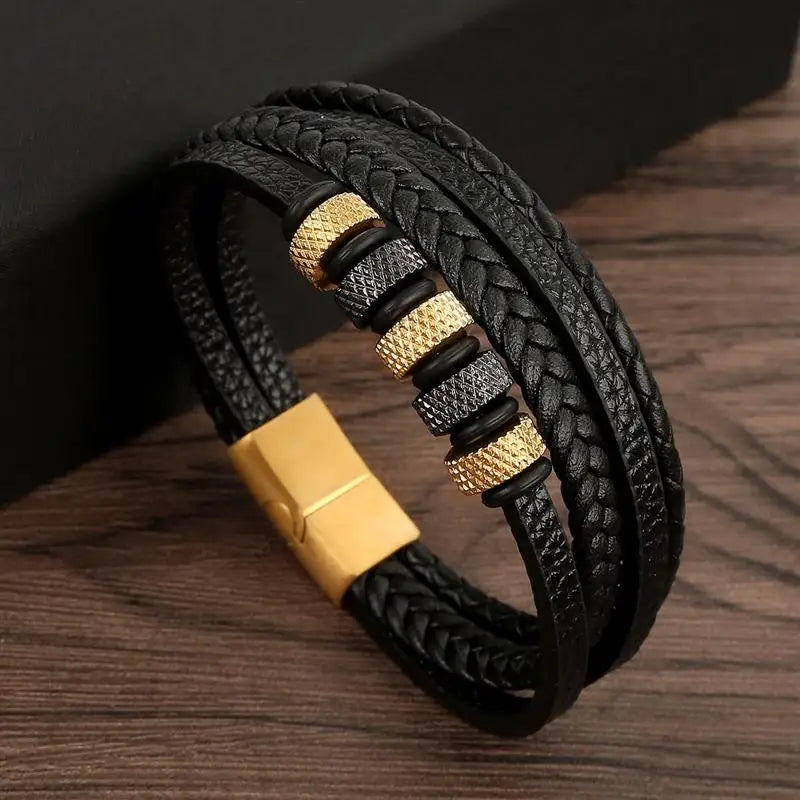 bracelet-homme-cuir-pu-noir-tressé-plaqué-or