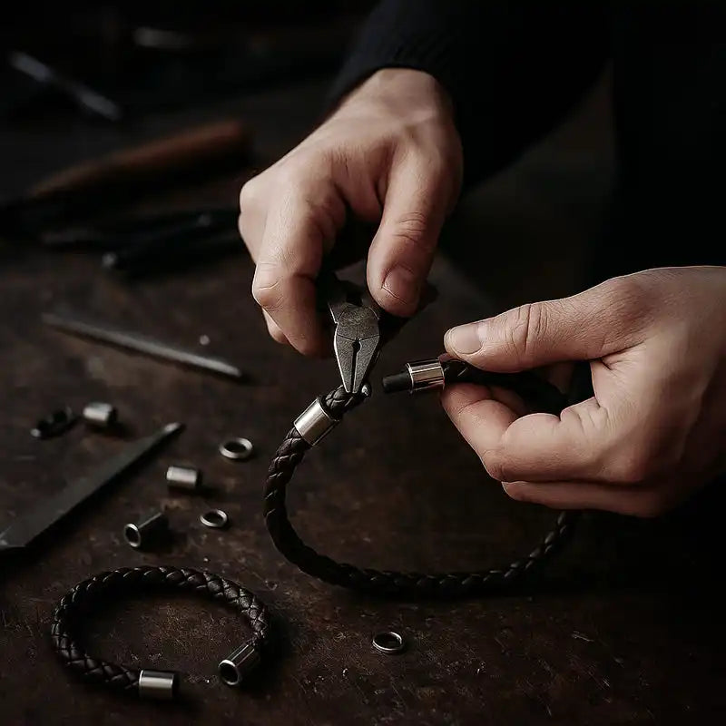 Les mains d'une personne créant un bracelet en cuir tressé noir avec des fermoirs en métal argenté.