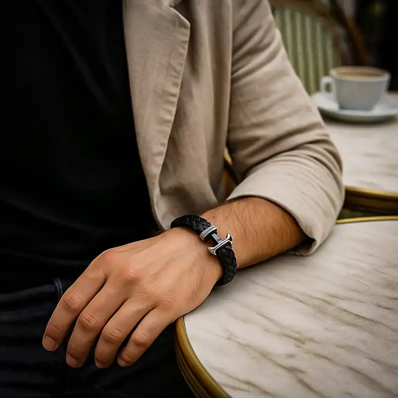bracelet ancre homme en cuir tressé noir