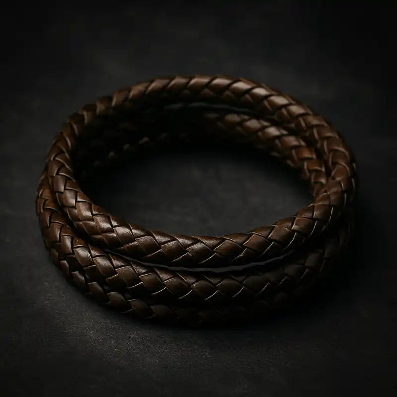 Un bracelet ou un collier en cuir tressé marron foncé, enroulé.